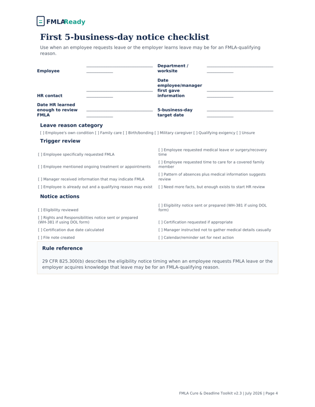 Sample page from the 5-business-day notice checklist
