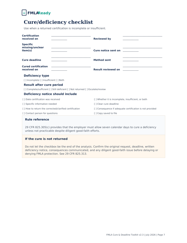 Sample cure deficiency checklist page