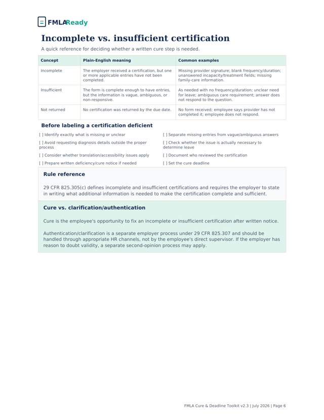 Sample page explaining incomplete vs insufficient certification